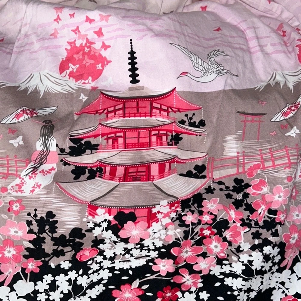 Pink Chinoiserie Pagoda Floral Blush Pink Pleated Flared Midi Skirt - XS - Picture 10 of 12